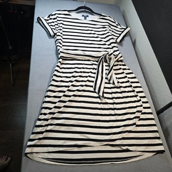Chaps Womens Black White Striped Tie Waist Short Sleeve Knee Length Dress Medium - Picture 9 of 11